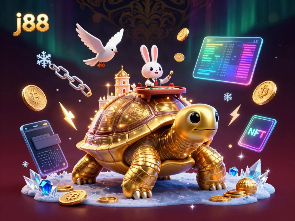 Experience the j88 casino adventure with a golden tortoise, rabbit dealer, and flying coins.