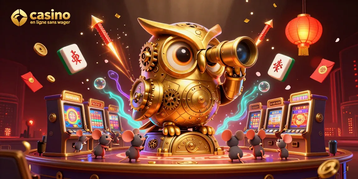 Découvrez un casino en ligne sans wager avec une scène animée incluant une chouette dorée et des éléments de jeu captivants.