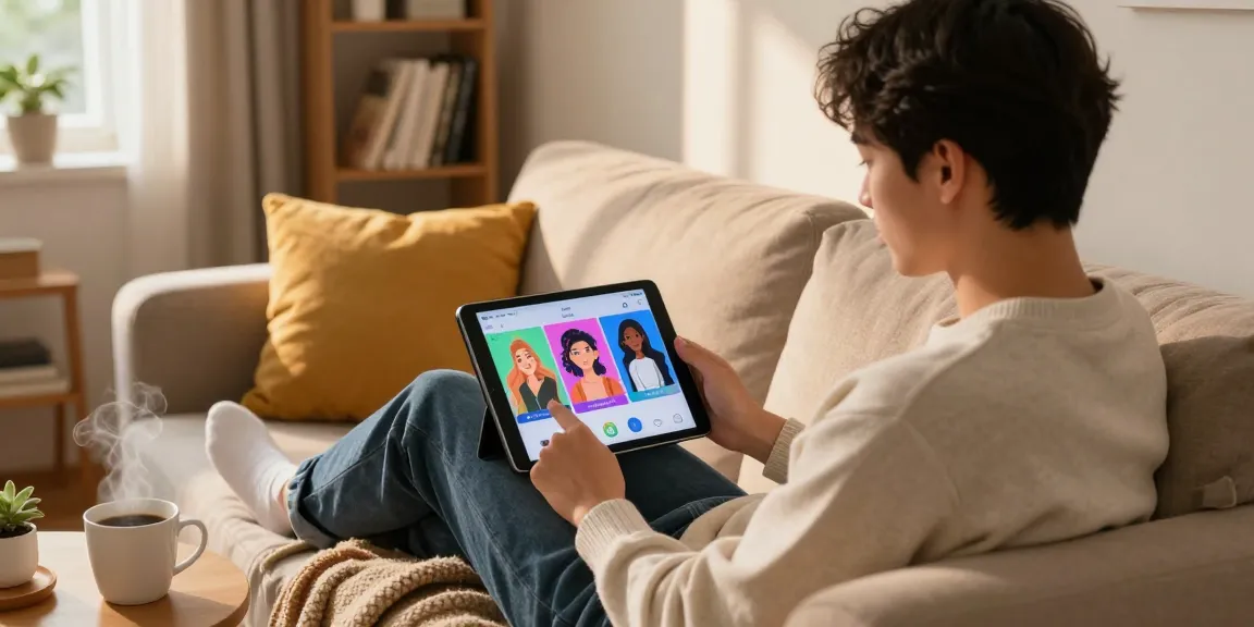 Young adult engaging with an AI girlfriend app in a cozy home setting, showcasing virtual interaction.