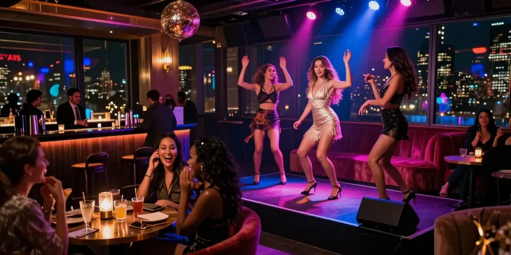 Private party strippers performing in a vibrant NYC nightclub setting.