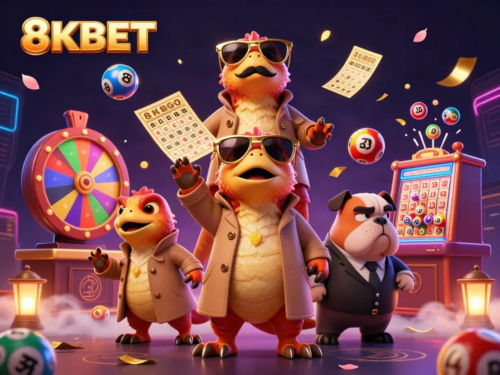 8KBET casino illustration showing three raptors in disguise entering a VIP area amidst dynamic lottery elements.