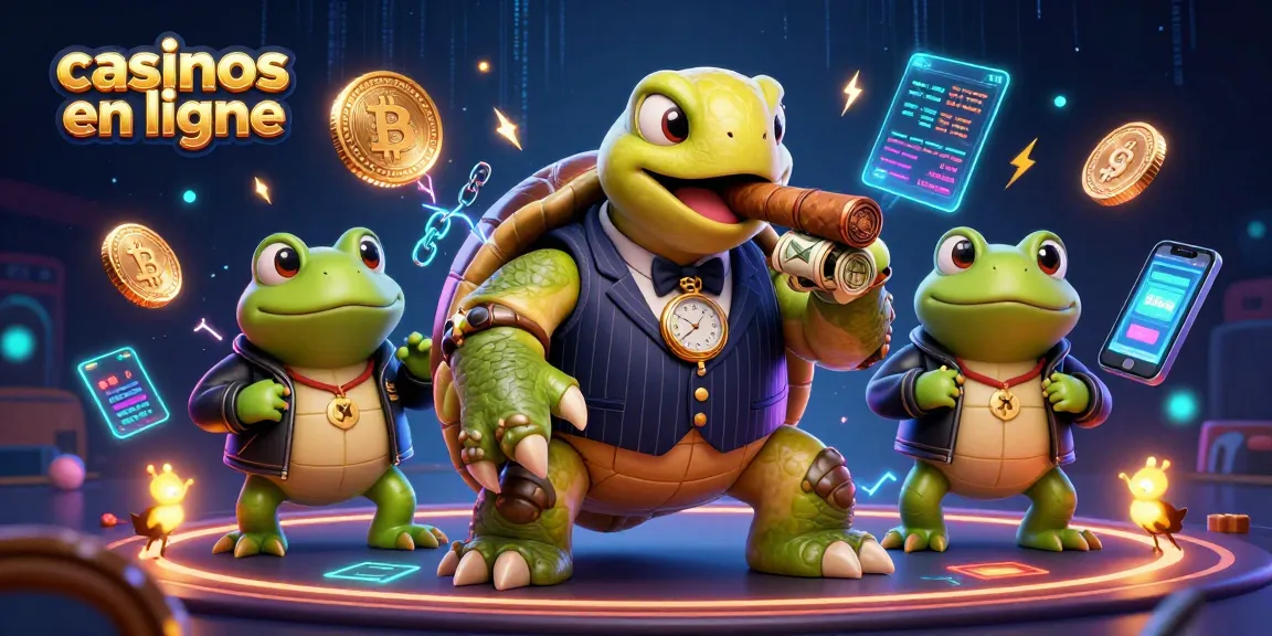 Jouez dans des casinos en ligne avec une scène animée mettant en vedette une tortue et des grenouilles, illuminée de lumières vives.