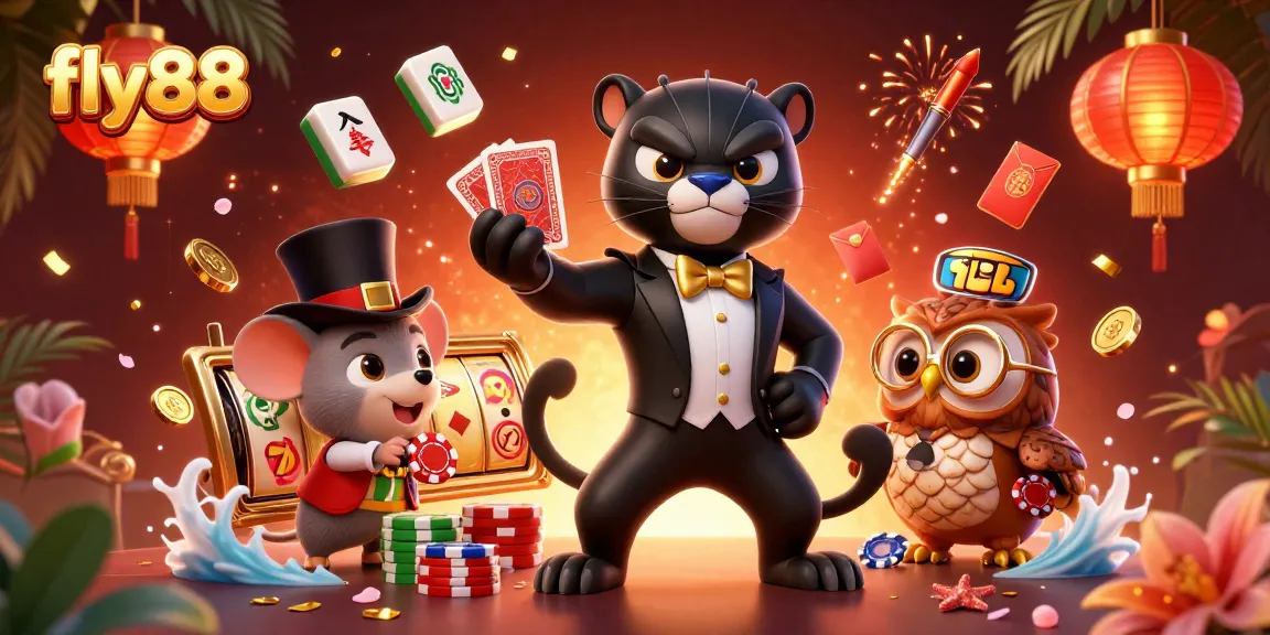 Engage with fly88 at an exciting virtual casino featuring vibrant characters and dynamic slot games.