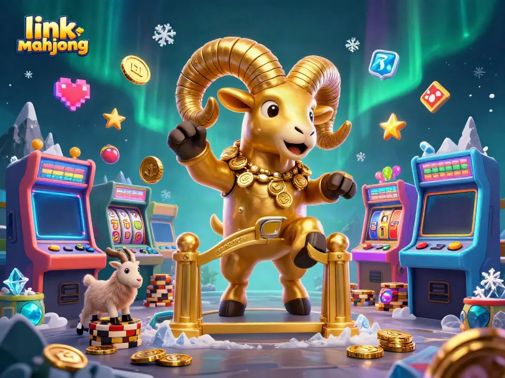 Engage in the exciting world of link mahjong with a dynamic 3D casino illustration featuring whimsical gold elements and game icons.