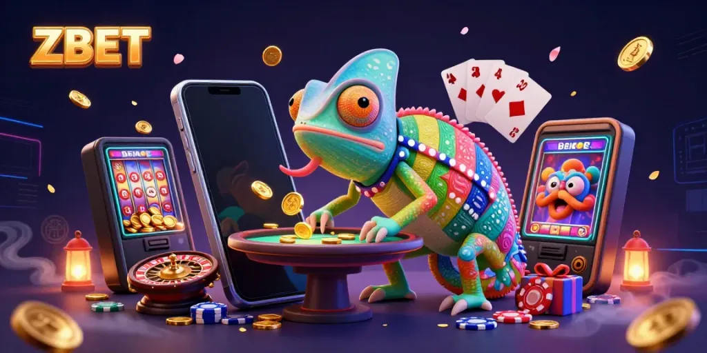 ZBET's vibrant casino scene with a chameleon owner launching golden coins while games explode with excitement.