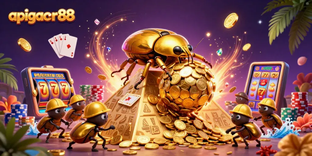 Join the fun at apigacor88 with vibrant coins and slot machines in this exciting casino scene!