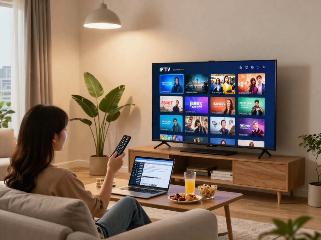Best IPTV subscription services showcased in a cozy living room with a couple enjoying streaming entertainment.