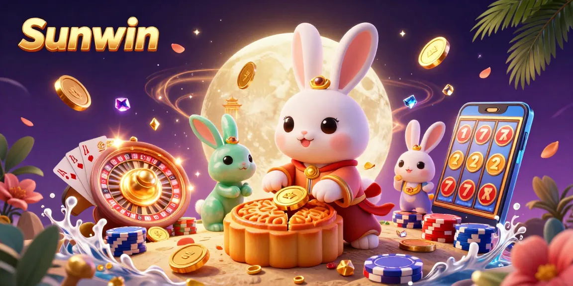 Experience Sunwin's thrilling 3D illustration featuring festive moon rabbits and exciting casino elements.