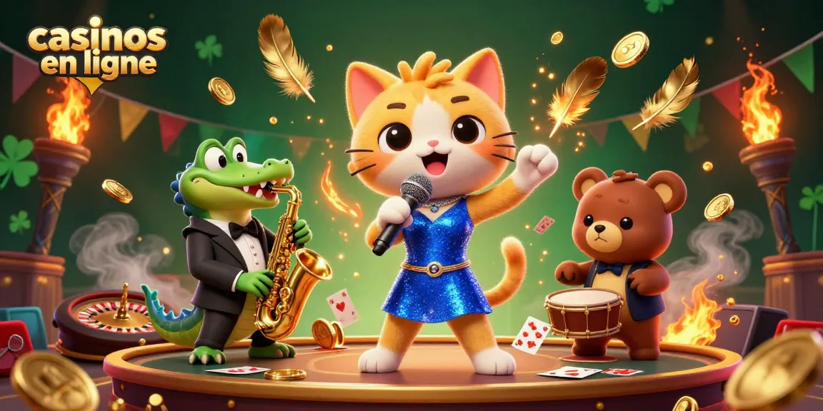 Illustration dynamique de casinos en ligne avec un chat chanteur, un crocodile et un ours, jouant au casino.