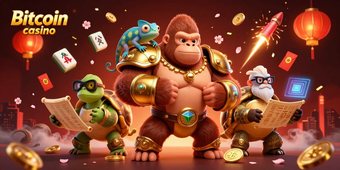 Gagnez avec le Bitcoin casino entouré de pièces et de lanternes dans une illustration 3D dynamique.
