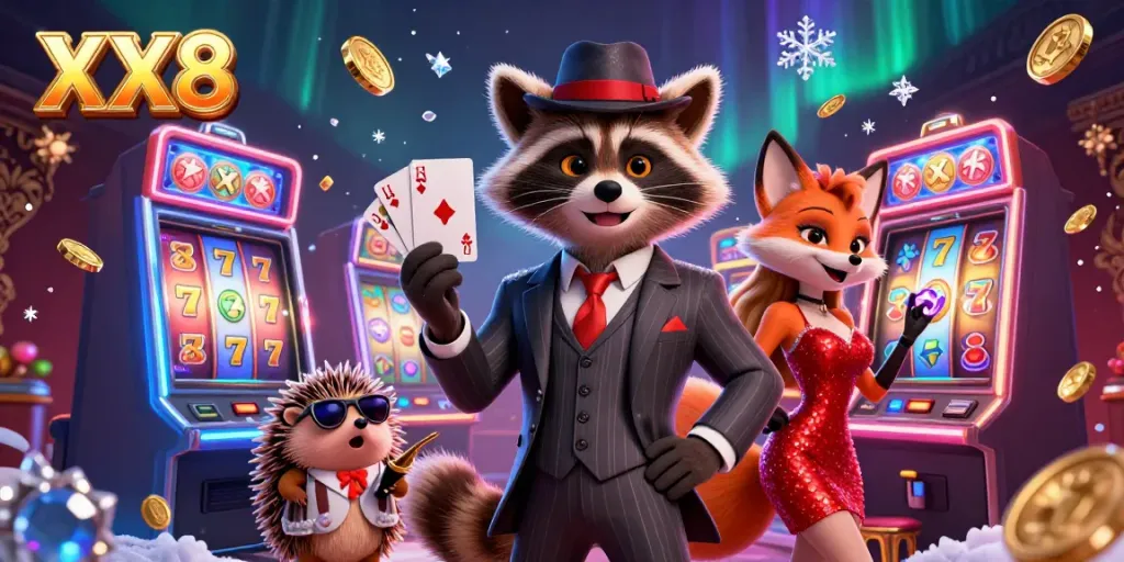 Experience the thrill of XX8 slots with a vibrant illustration of characters and colorful slot machines.