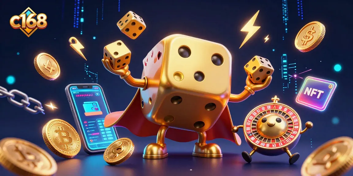 Engage in thrilling bets on c168 with vibrant casino elements in a 3D illustration.