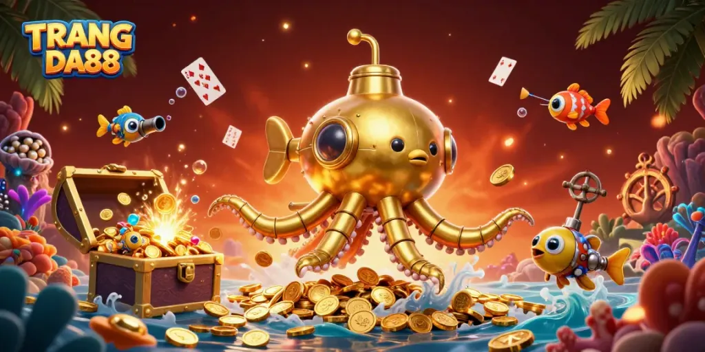 Engage with TRANG CHỦ DA88's vibrant gaming scene featuring a golden kraken submarine in a treasure-filled underwater world.