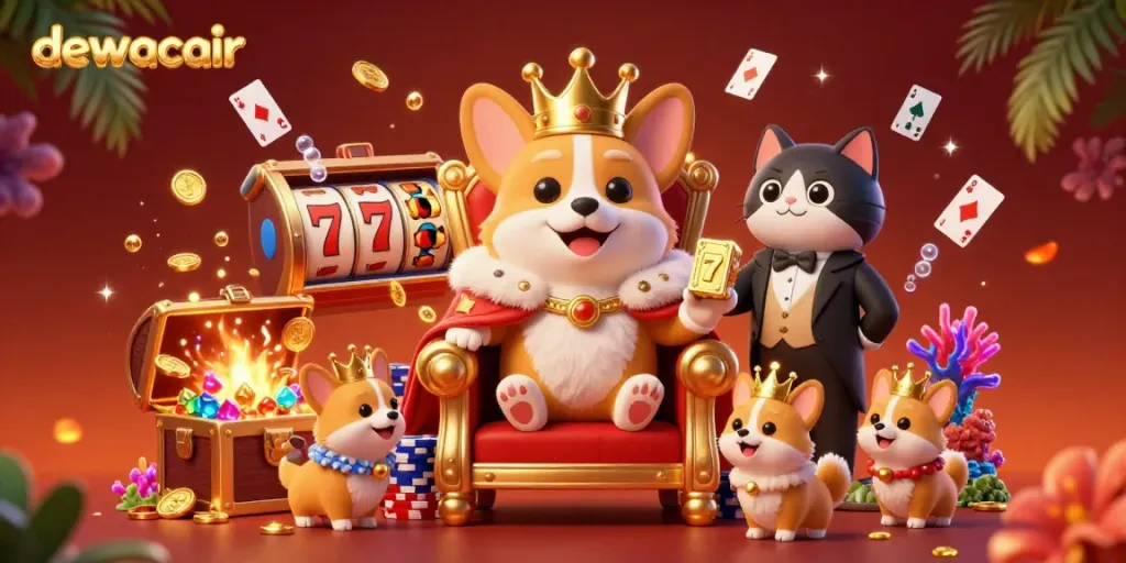 Play and win with dewacair as the royal corgi throne showcases vibrant slot reels and treasures.