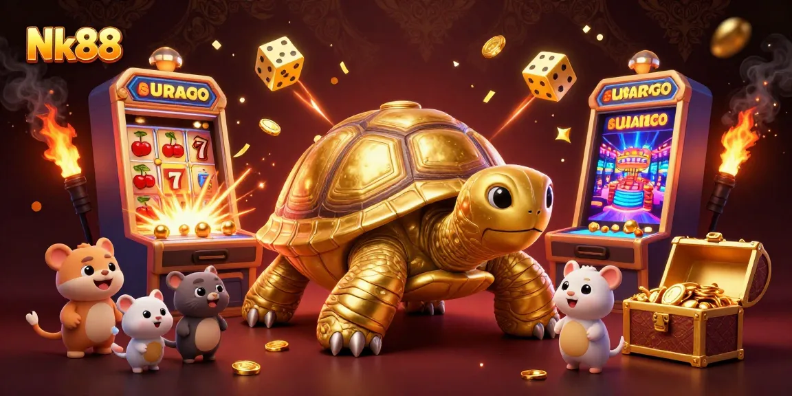 Engage with vibrant casino excitement at Nk88, featuring a whimsical golden tortoise and dynamic slot machine.