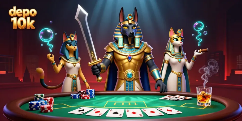 Experience depo 10k gaming with ancient Egyptian characters surrounded by vibrant poker elements.
