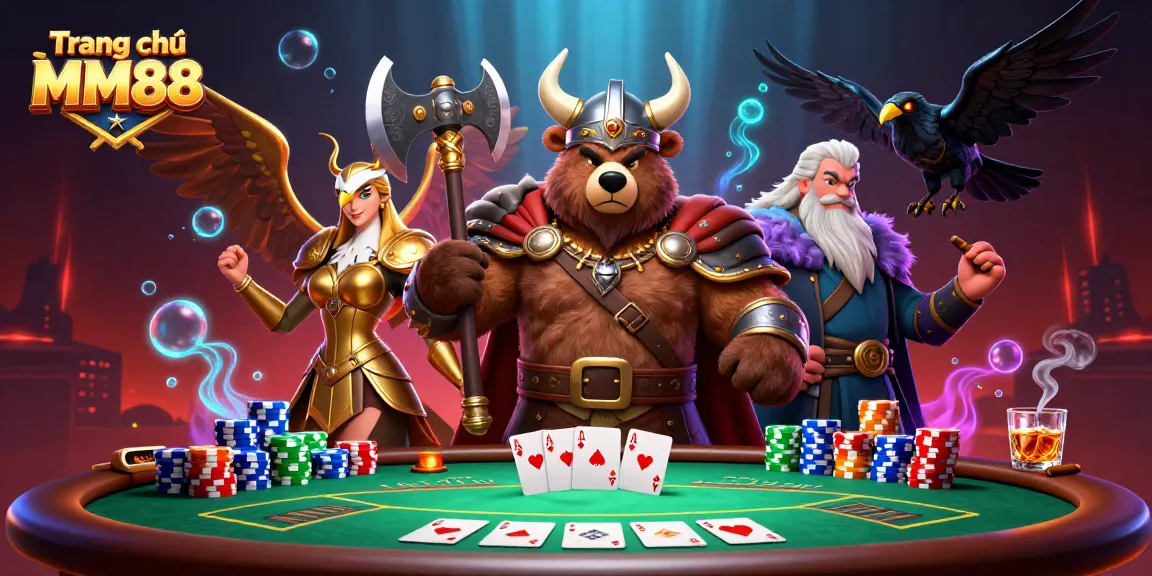 This vibrant, packed illustration featuring Trang chủ MM88 showcases a Viking berserker bear and Valkyrie eagle in an exciting casino environment, highlighting poker and gambling elements.