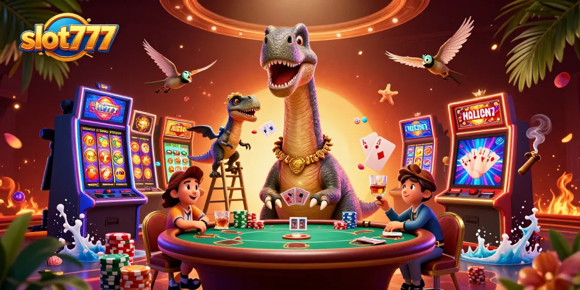 Enjoy the vibrant slot777 gameplay with a towering brontosaurus and clever raptor in this dynamic casino scene.
