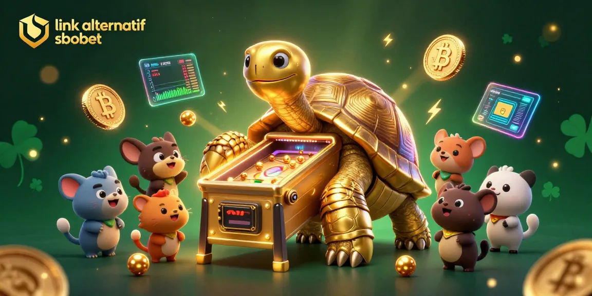 Engage in thrilling sports betting with link alternatif sbobet featuring an exciting illustration of energetic animals around a gold tortoise game machine.