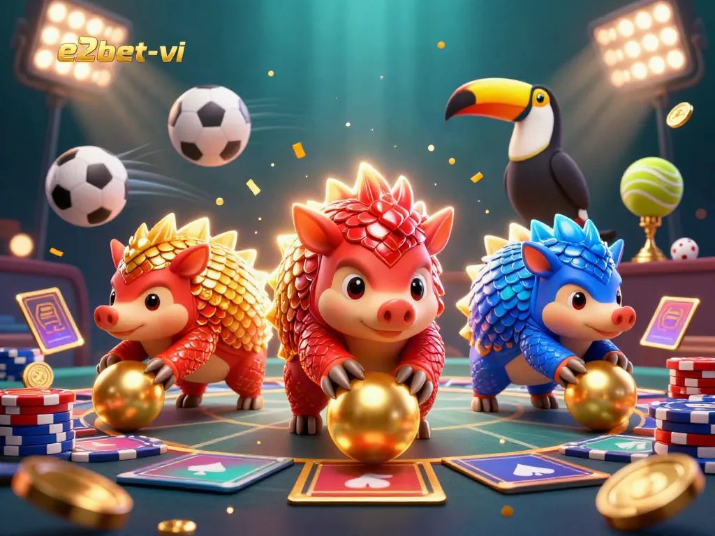 Engage with e2bet-vi's thrilling casino world as rival pangolins battle amidst golden poker chips and sports elements.