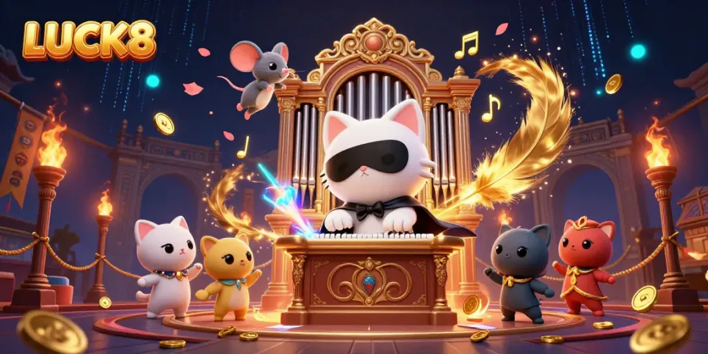 Experience the vibrant world of LUCK8 with a dazzling casino scene featuring a whimsical cat and mouse acrobat.