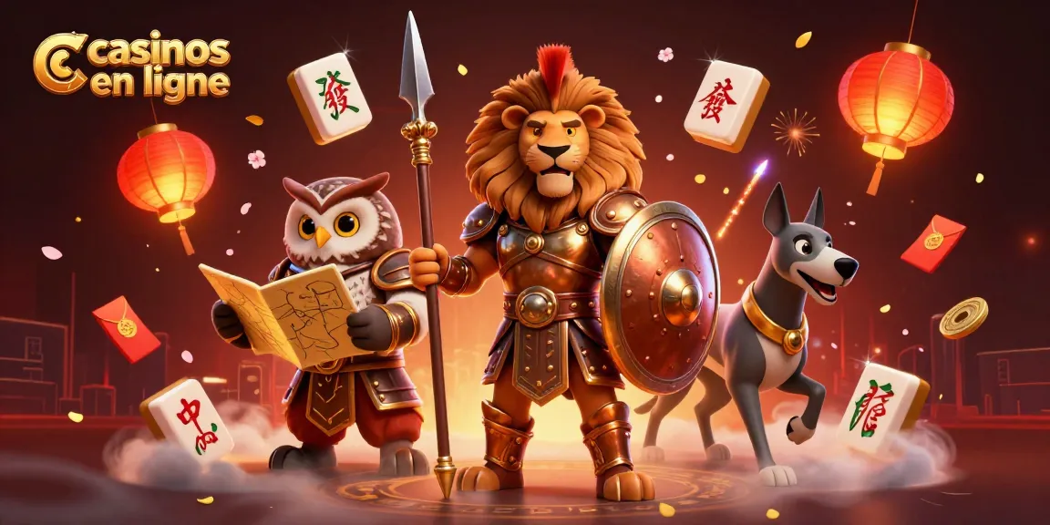 Illustration dynamique de casinos en ligne où un lion spartiate héroïque, un hibou tacticien et un greyhound messager interagissent autour d'éléments de jeu.