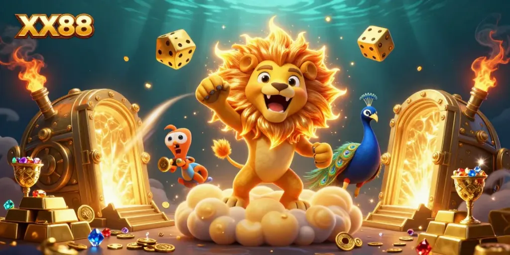 Experience the thrill of XX88 gaming with vibrant casino characters and treasure elements in a lively scene.