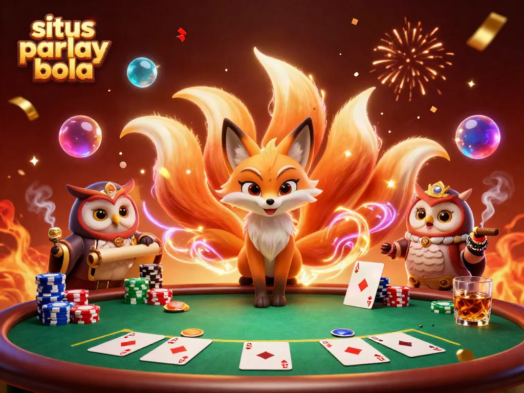 Engage with situs parlay bola through a vibrant 3D scene featuring the nine-tailed fox and poker elements.