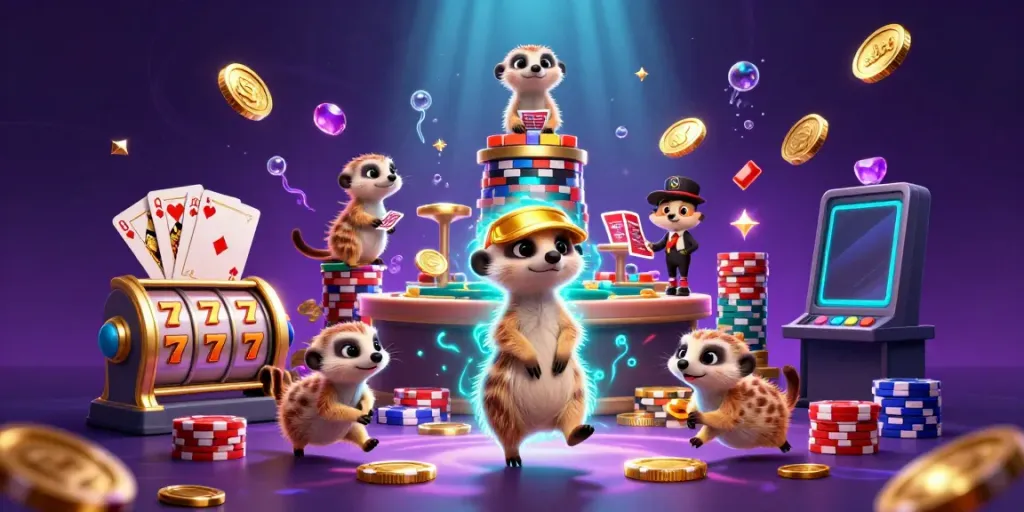 Experience thrilling slots with a dynamic meerkat casino scene featuring vibrant games and lucky symbols.