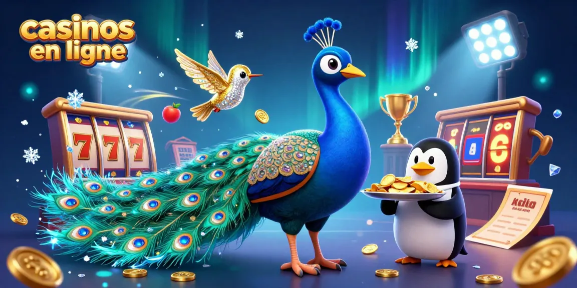 Profitez des jeux dans les casinos en ligne avec cette illustration dynamique d'un paon, un pingouin et un colibri.