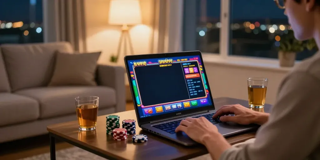 Engaging scene of judi slot gaming at home with vibrant graphics and cozy atmosphere.