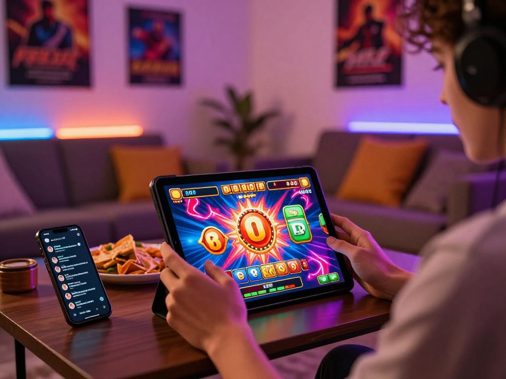 Exciting online gaming setup showcasing a slot gacor game on a tablet with dynamic graphics and jackpot symbols for an immersive experience.