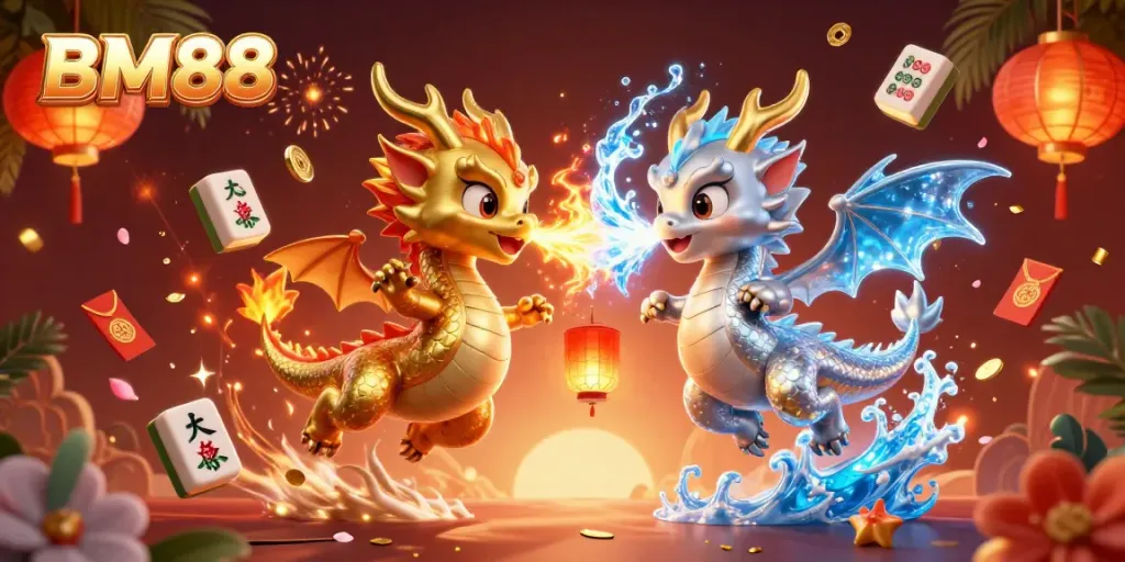 Engage with BM88 gaming excitement featuring dynamic dragons and festive casino elements.