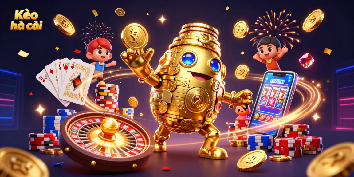 Kèo nhà cái showcases a dynamic scene with a golden golem and casino elements, celebrating winning moments.