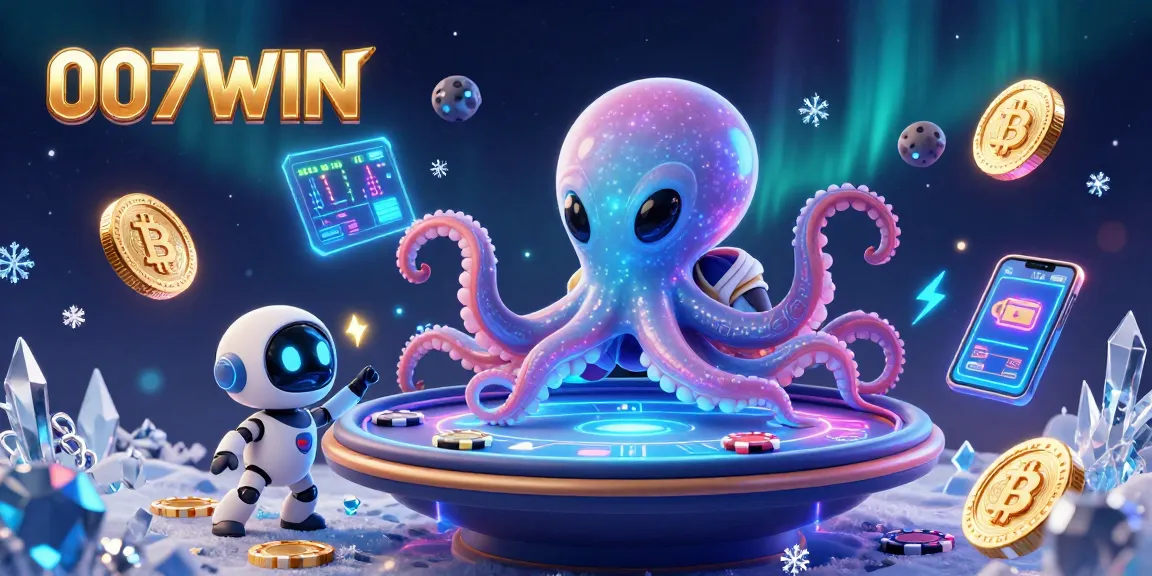 Experience the thrill of gaming with 007WIN's vibrant 3D alien octopus at a holographic poker table.