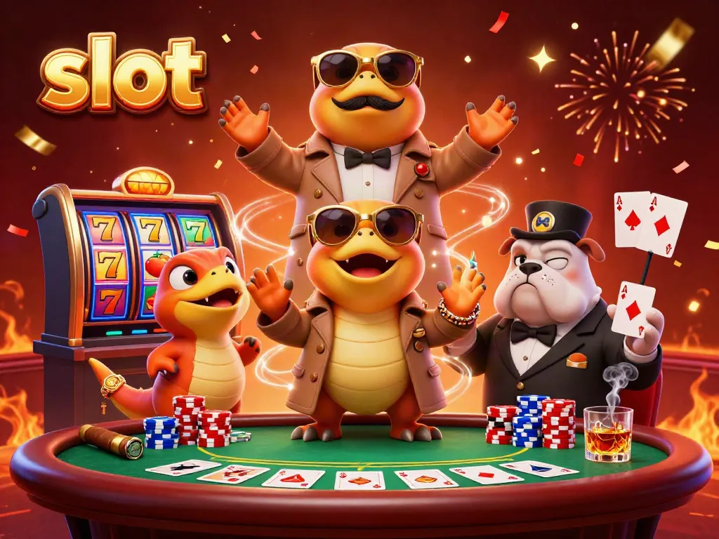 Engaging scene of playful cartoon raptors entering a casino lounge with vibrant slot reels.