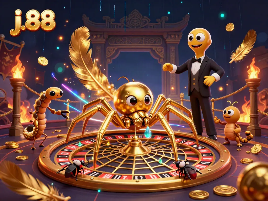 Engaging j.88 roulette scene featuring a golden spider and centipede dealer.
