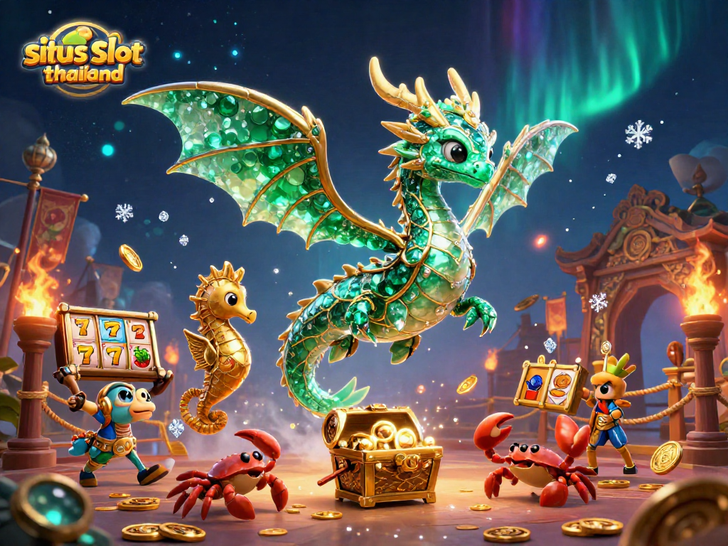 Play exciting slot games at situs slot thailand with a vibrant 3D casino scene showcasing a sea dragon and treasure.