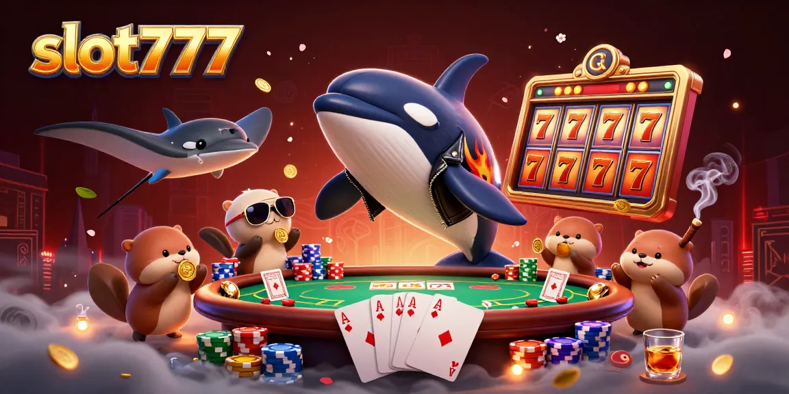 Slot777 menampilkan orca mengemudikan motor dengan jackpot dan koin emas, suasana kasino yang seru.