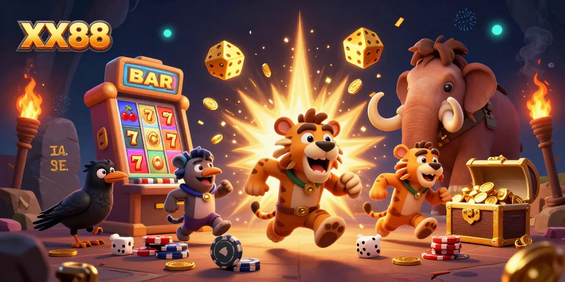 XX 88 casino scene featuring dynamic gaming action with charming characters and vibrant slot machines.