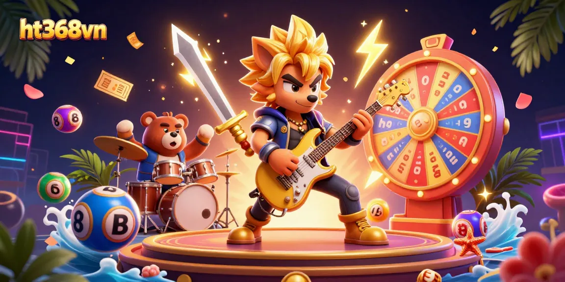 ht368vn captures thrilling action with a rock star wolf playing guitar in a vibrant casino scene.