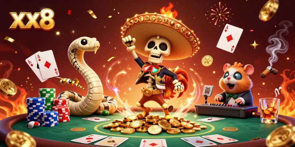 Experience vibrant gaming excitement with xx8 featuring a jubilant skeleton mariachi dancer amid casino chips.