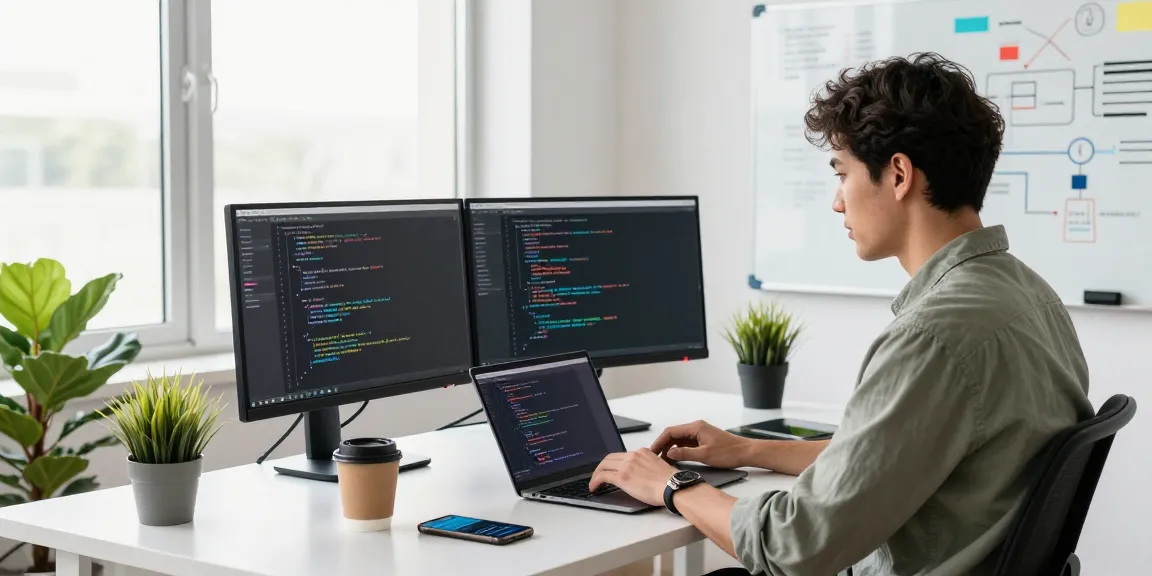 Engineer utilizing rtischeduler in a modern office workspace, showcasing productivity and coding techniques.