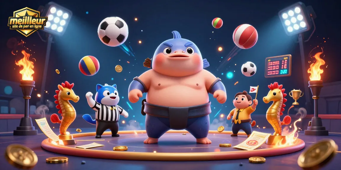 Revivez l'excitation du meilleur site de pari en ligne grâce à cette illustration dynamique de fugu, arbitre et entreprises spectatrices.
