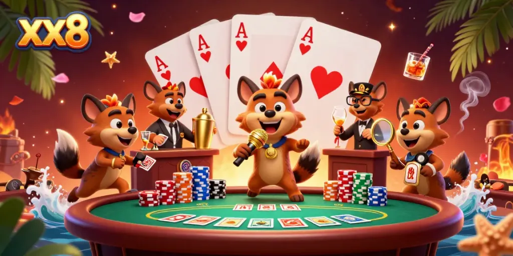 Experience the thrilling atmosphere of xx8 with a comedic twist in a vibrant 3D casino scene.