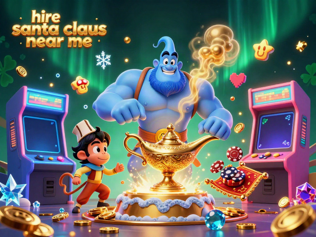 Hire Santa Claus near me with festive gambling-themed characters in a vibrant scene.