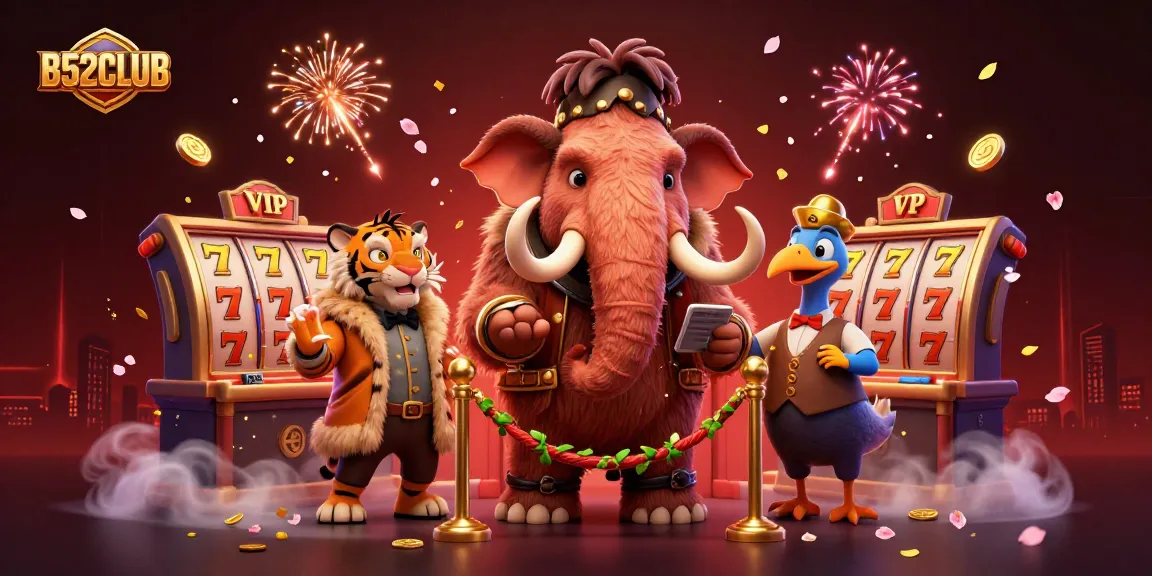 B52CLUB showcases a dynamic slot scene with a woolly mammoth bouncer and festive elements.