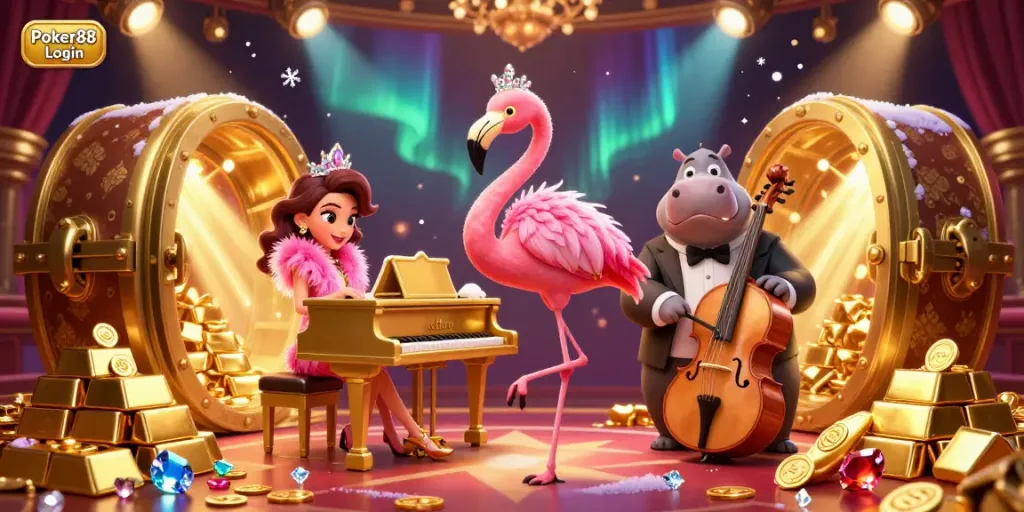 Experience the thrill of Poker88 Login with a vibrant casino scene featuring glamorous characters and treasure!