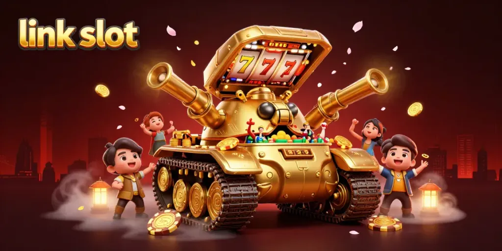 Experience the excitement of the link slot adventure with a golden beetle tank and lively casino imagery.