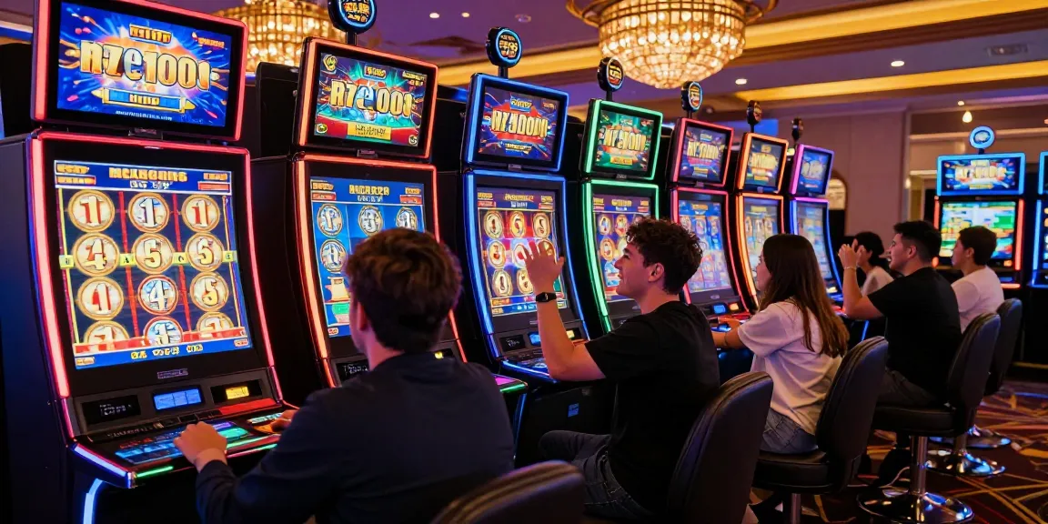Slot gacor di kasino modern dengan pemain merayakan kemenangan dan tampilan grafis yang berwarna-warni.